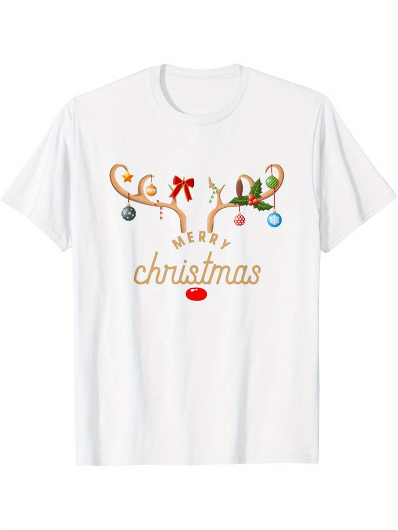 Men's Graphic T-Shirt Merry Christmas Festive Holiday Ornaments Adorning Reindeer Antlers Surrounded By Cheerful Decorations