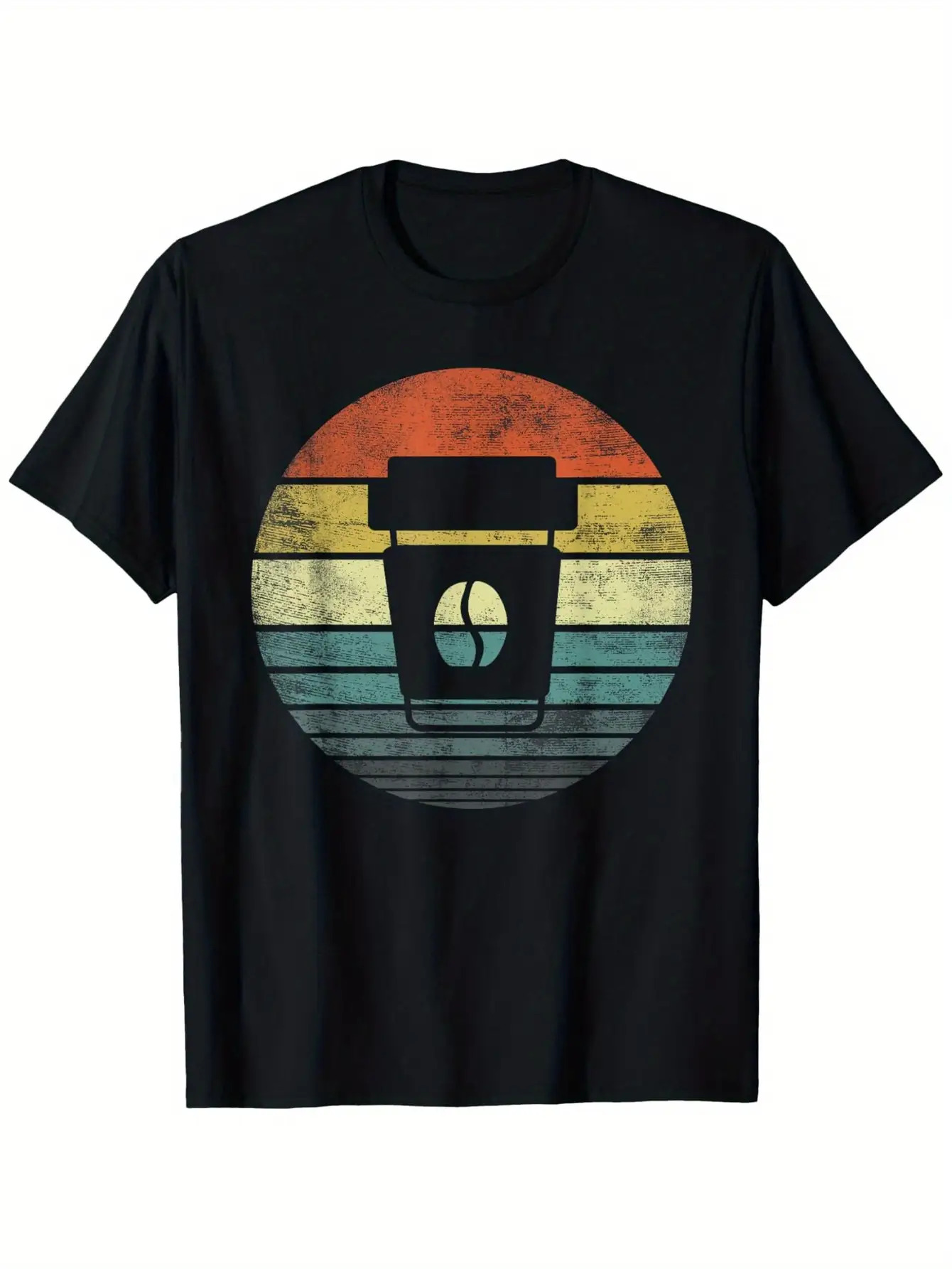 Men's Graphic T-Shirt Retro Color Stripes With Minimalist Silhouette Sunrise Coffee Cup
