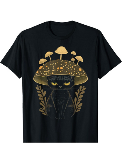 Men's Graphic T-Shirt Enchanted Golden Mushrooms Growing Above Midnight Black Cat