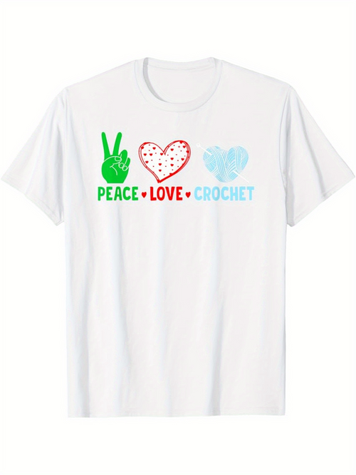 Men's Graphic T-Shirt Peace Love Crochet Multicolored Icons Over Peaceful Heart Shirt