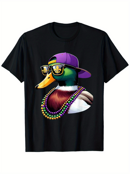 Men's Graphic T-Shirt Cool Duck With Sunglasses Purple Hat And Mardi Gras Beads