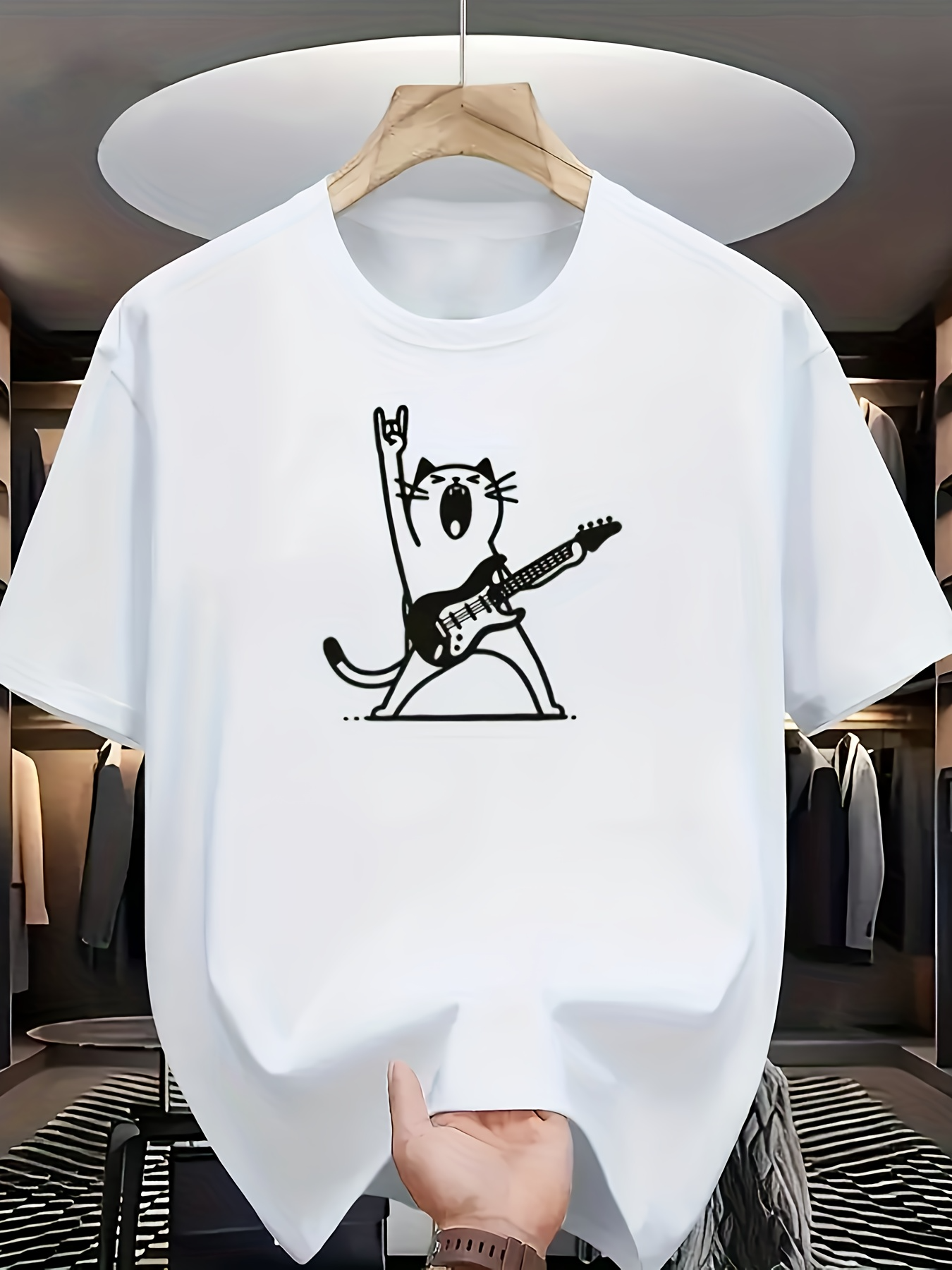 Men's Graphic T-Shirt Happy Cartoon Cat Playing Electric Guitar Under Studio Lights