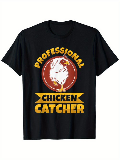 Men's Graphic T-Shirt Professional Yellow Banner With Cartoon Hen Among Red Circle Chicken