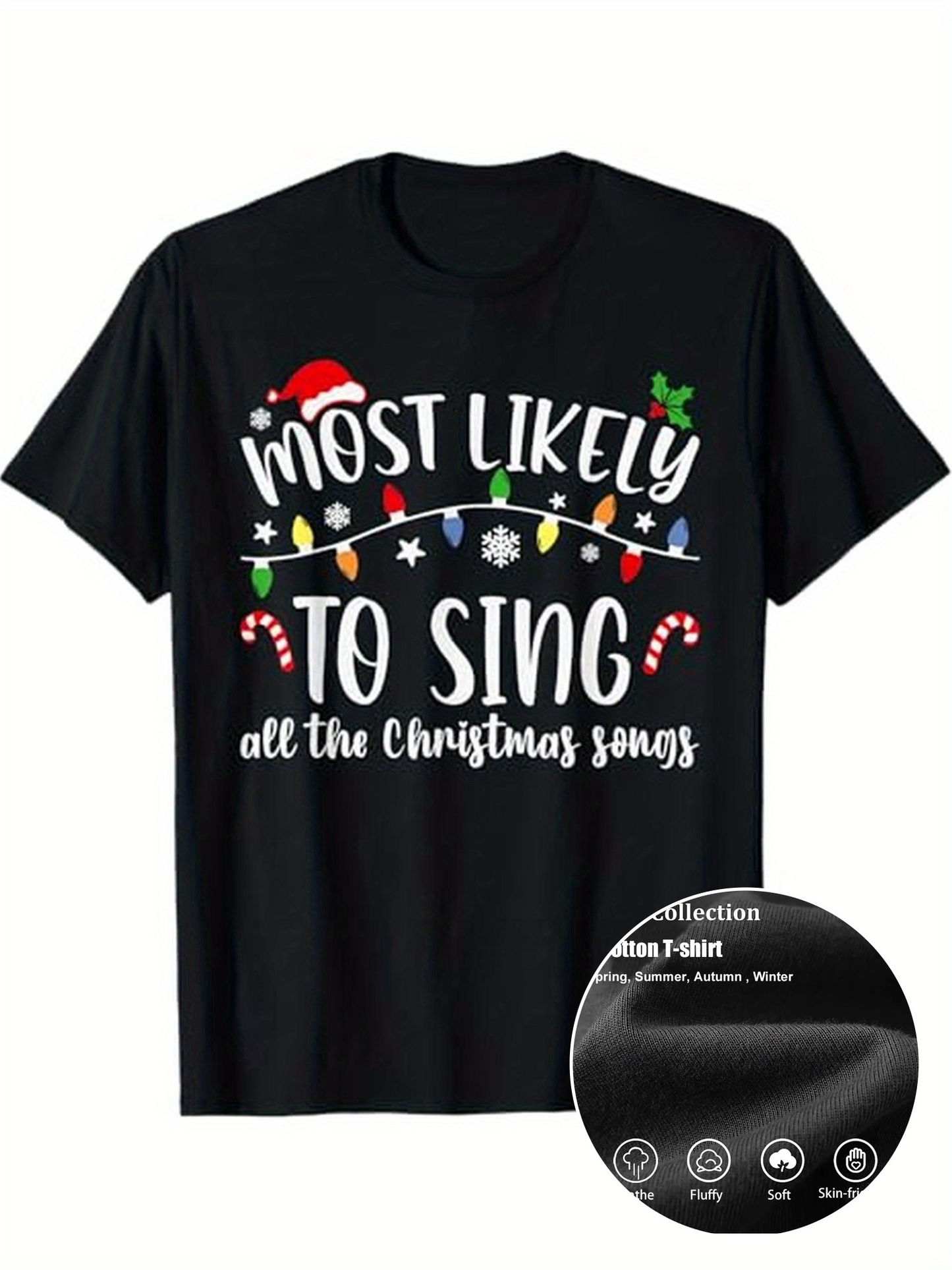 Men's Graphic T-Shirt Most Likely To Sing Festive Lights With Candy Cane Motif Christmas T Shirt