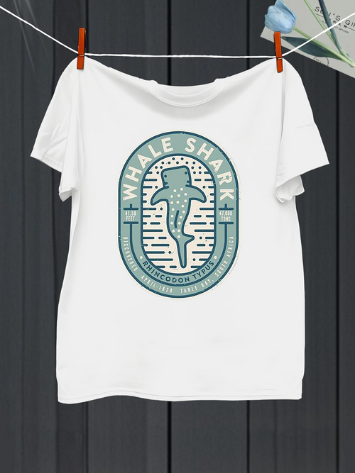Men's Graphic T-Shirt Retro Blue Striped Badge With Swimming Whale Shark