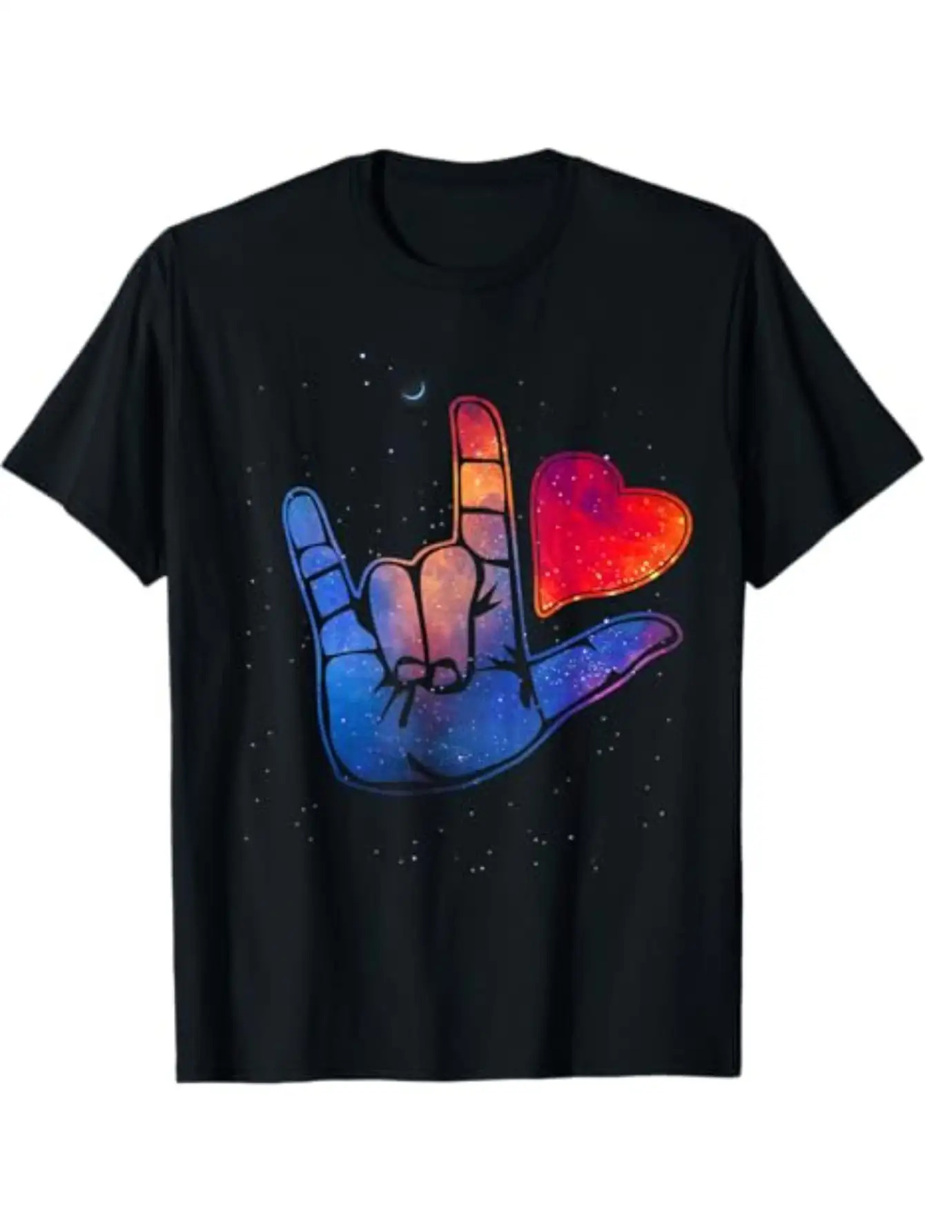 Men's Graphic T-Shirt Colorful Gradient Hand Sign With Sparkling Red Heart Motif