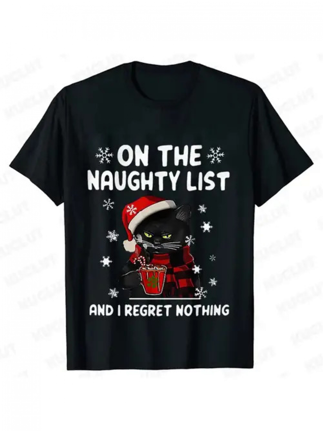 Men's Graphic T-Shirt On The Naughty List Festive Santa Hat With Mischievous Cat Surrounded By Snowflakes
