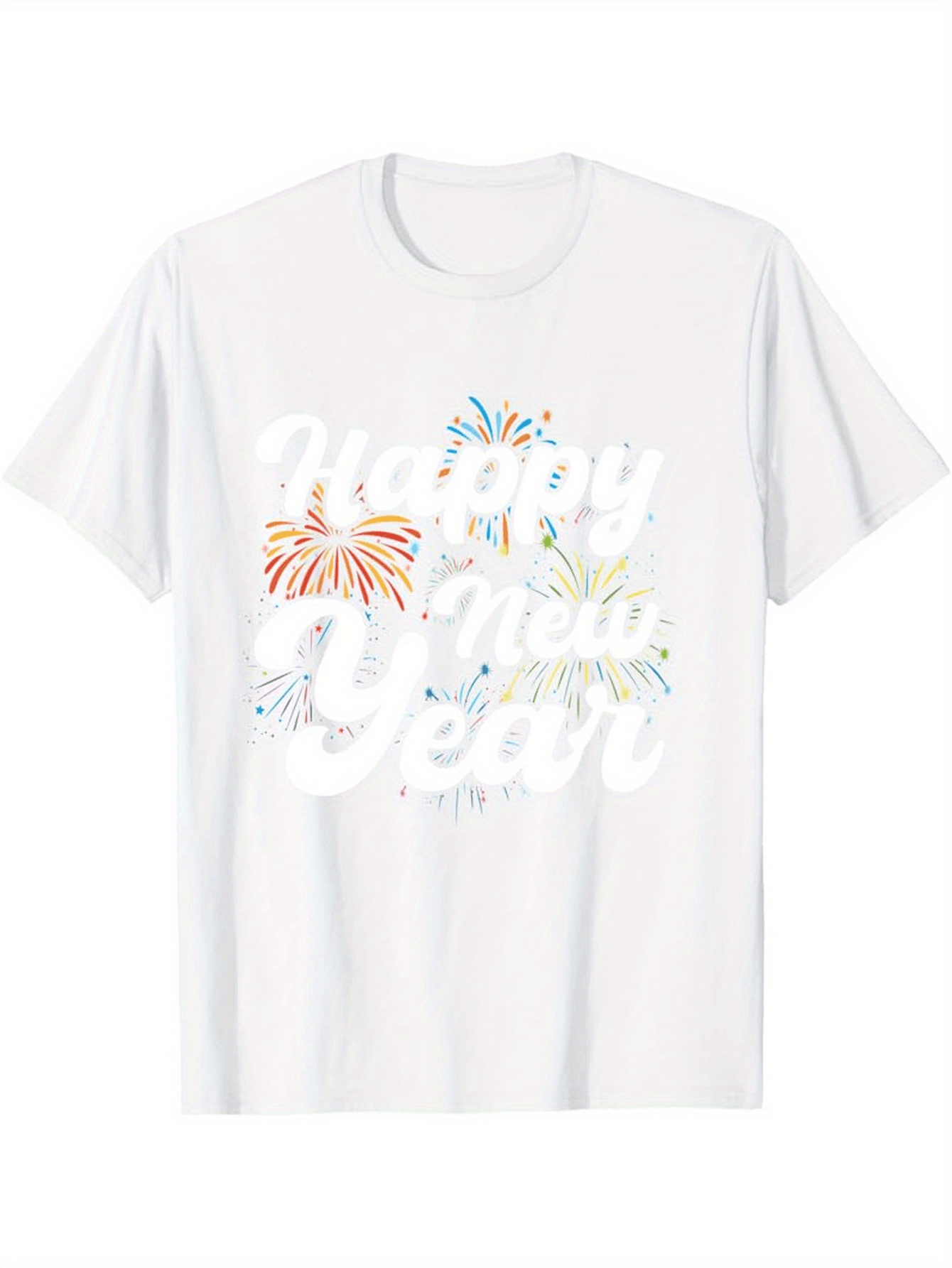 Men's Graphic T-Shirt Happy New Year With Colorful Fireworks Bursting Over White Festive Shirt