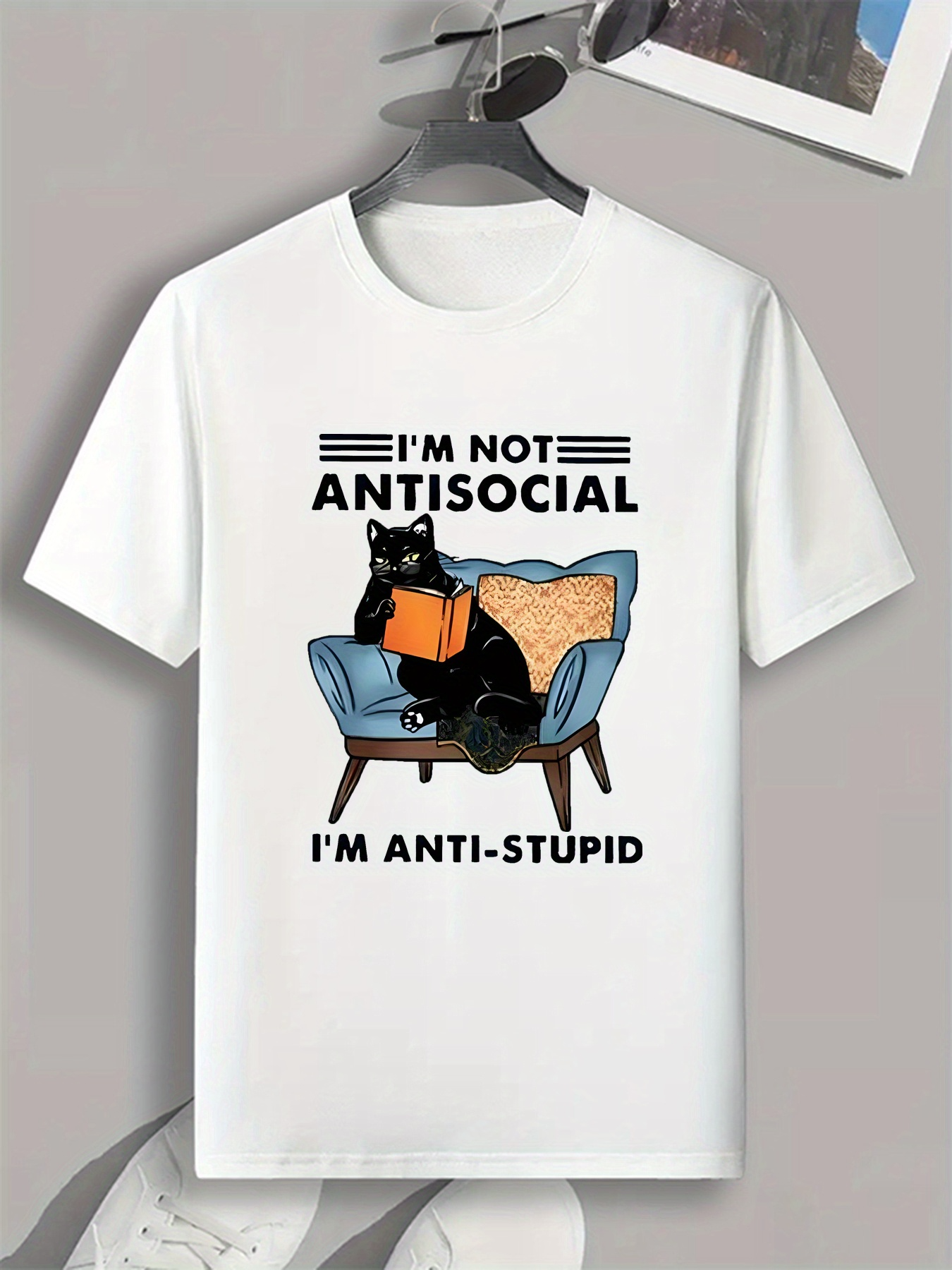 Men's Graphic T-Shirt Im Not Antisocial Im Anti Stupid Cat Reading Book On Cozy Armchair