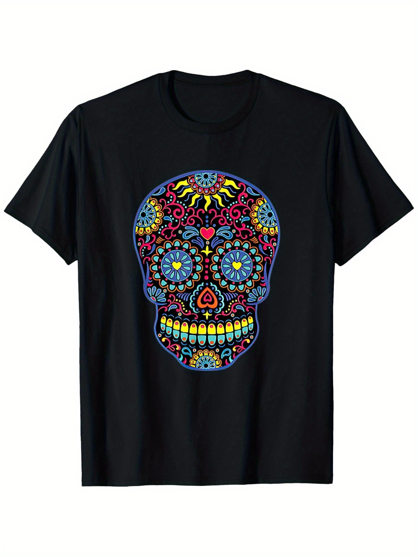 Men's Graphic T-Shirt Colorful Ornamental Flowers Swirling Around Sugar Skull