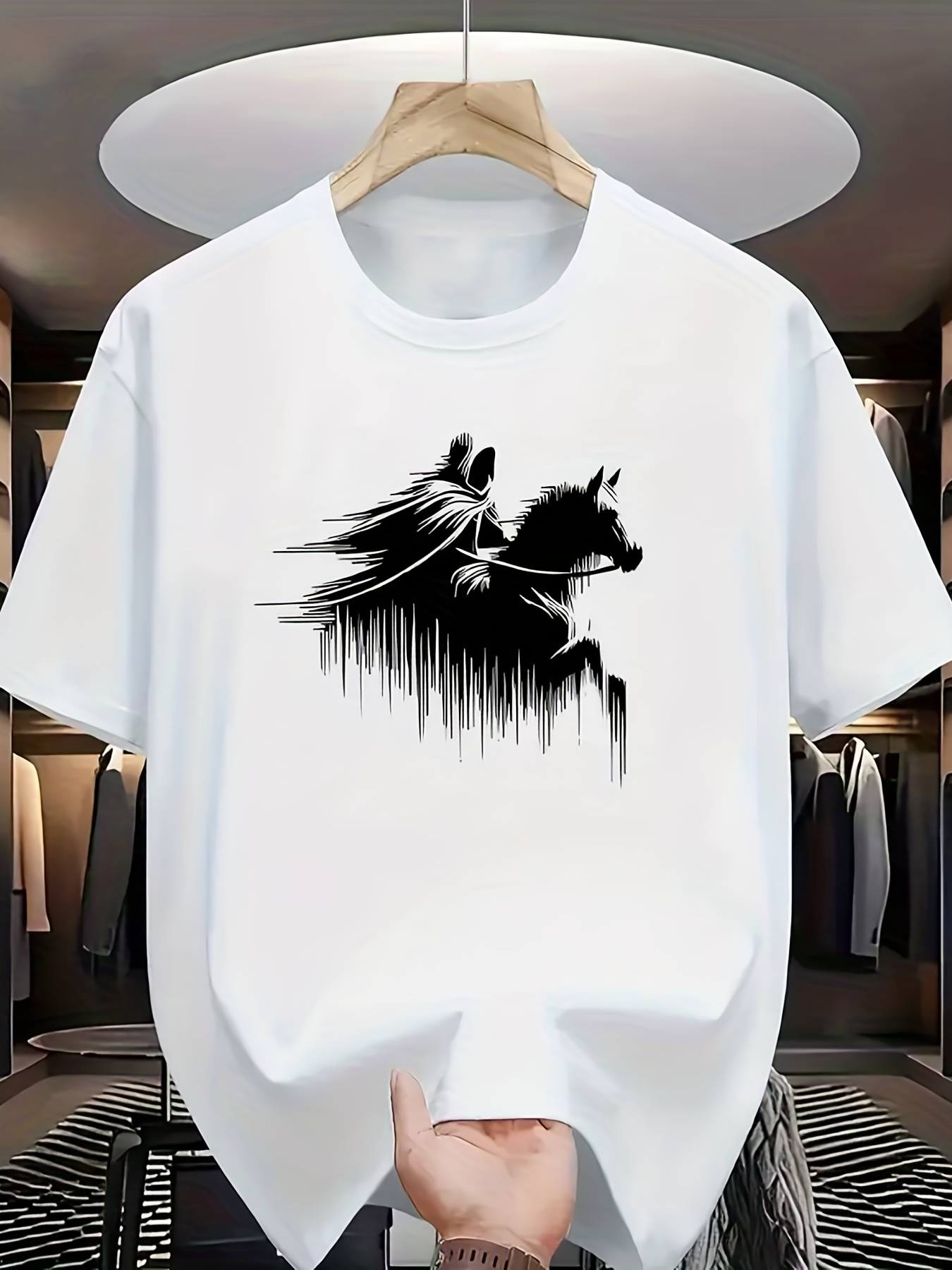 Men's Graphic T-Shirt Shadowed Warrior Galloping Through Mist On Snorting Horse