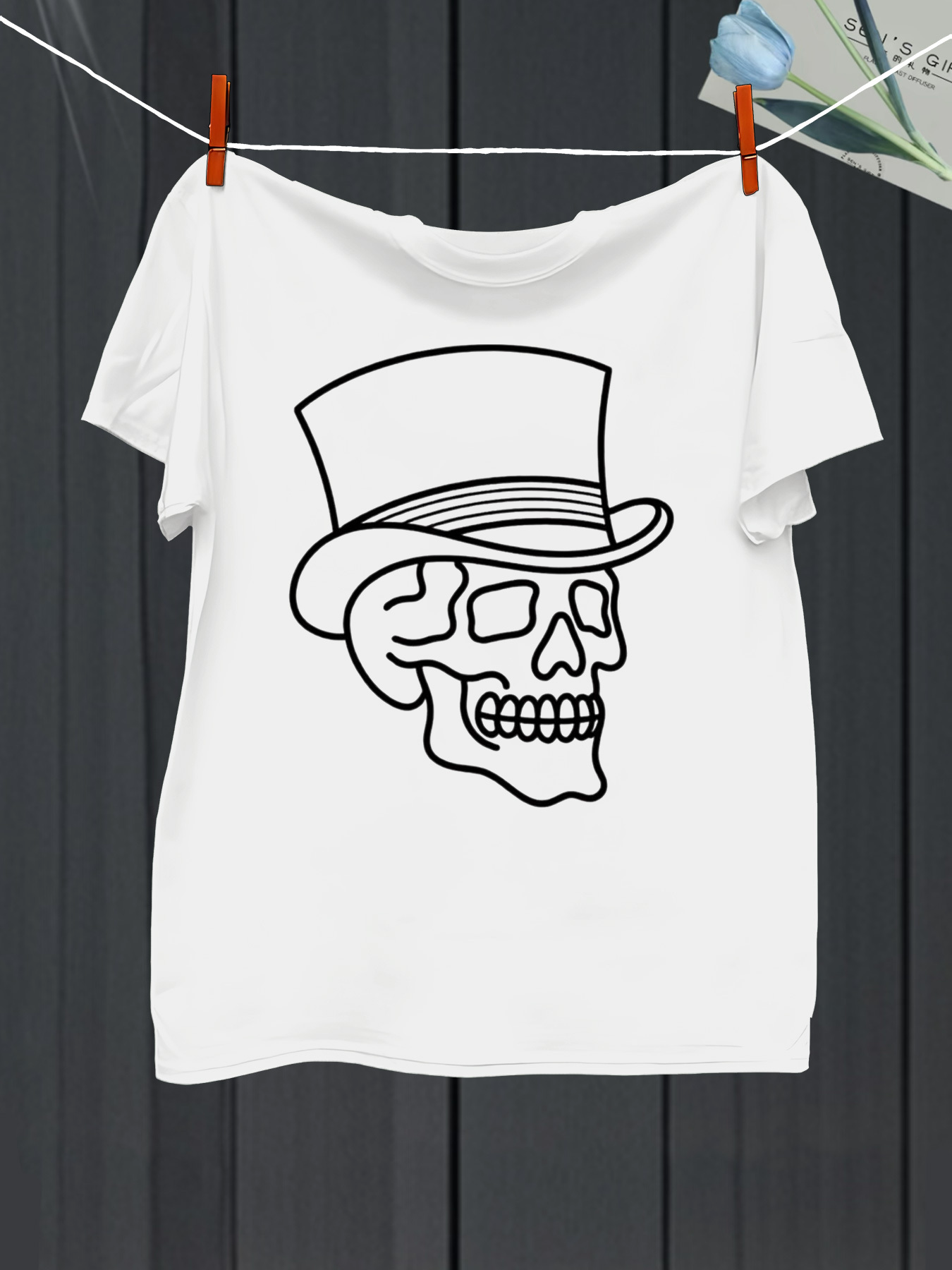 Men's Graphic T-Shirt Line Art Skull With A Tall Hat Illustration