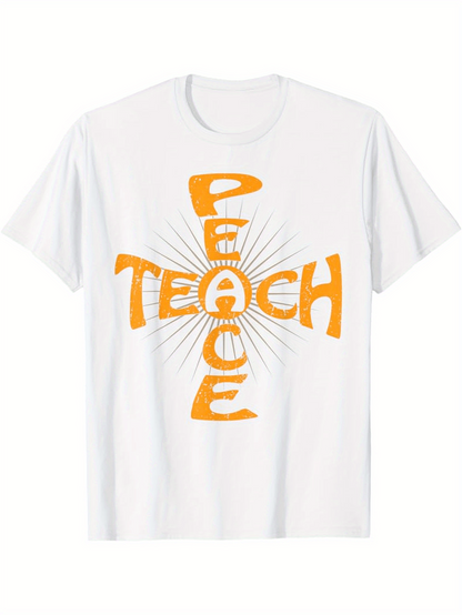 Men's Graphic T-Shirt Teach Peace Retro Yellow Letters Radiating Sunbeams White T Shirt