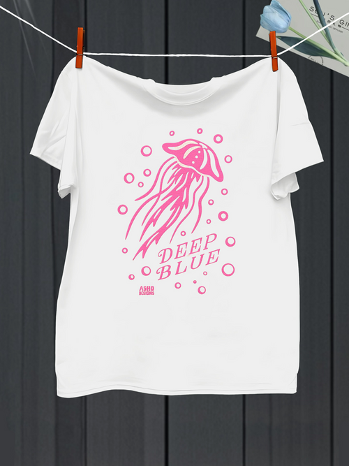 Men's Graphic T-Shirt Deep Blue Pink Bubbles Floating Around A Graceful Jellyfish