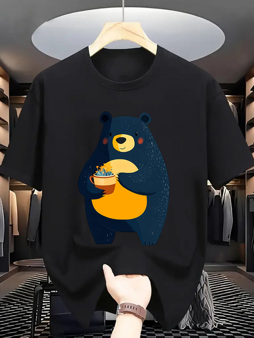 Men's Graphic T-Shirt Cute Blue Bear Holding A Bowl Of Ramen Under Soft Lighting Bear
