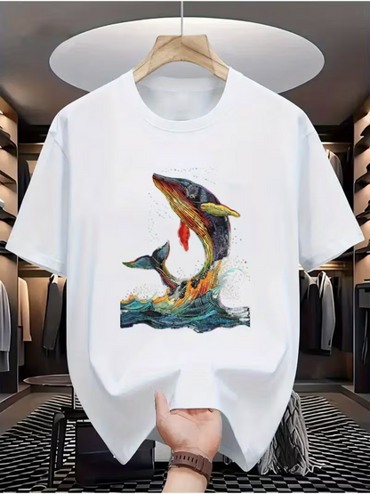 Men's Graphic T-Shirt Colorful Artistic Splashing Waves With Swimming Oceanic Whale