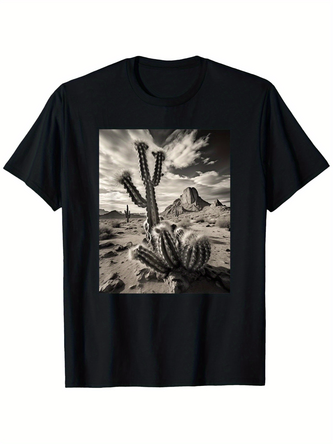 Men's Graphic T-Shirt Expansive Desert Landscape With Rolling Clouds Cacti And Majestic Mountains