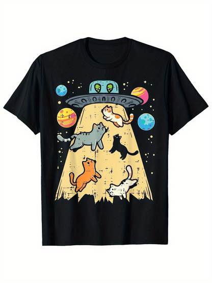 Men's Graphic T-Shirt Colorful Cats Under Alien Spaceship With Starry Outer Space UFO