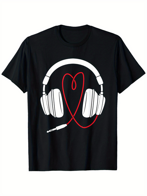 Men's Graphic T-Shirt Red Heart Shaped Wired Headphones On Black T Shirt