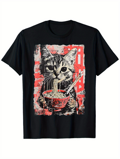 Men's Graphic T-Shirt Traditional Red Pattern With Pet Cat Holding A Bowl Of Noodles