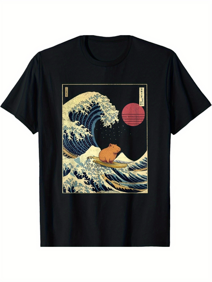 Men's Graphic T-Shirt Majestic Waves With Rising Sun Featuring A Brown Bear