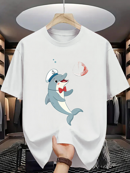 Men's Graphic T-Shirt Playful Dolphin With Bow Tie And Sailor Hat Smiling Under Bubbles Dolphin