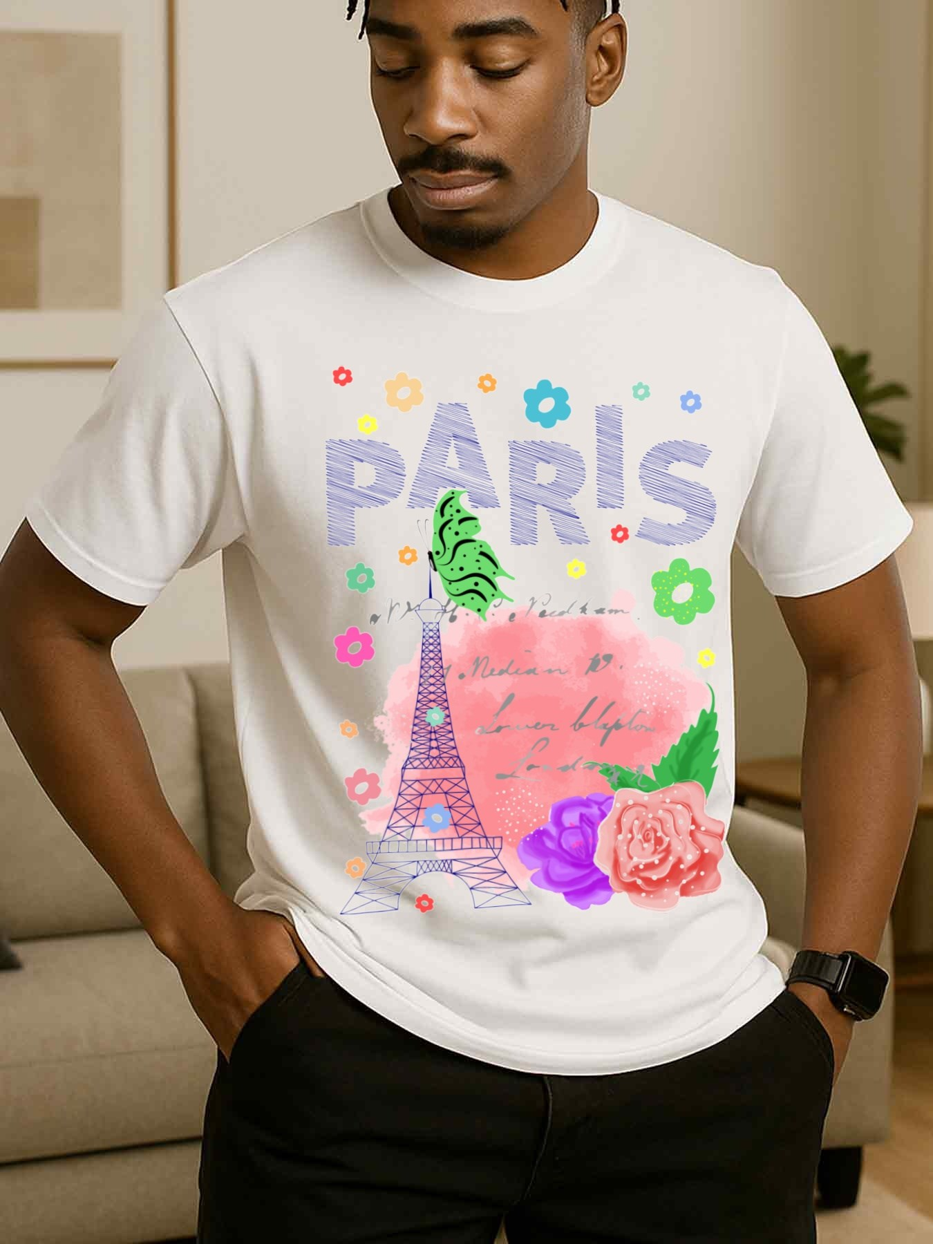 Men's Graphic T-Shirt Paris Blossom Garden With Eiffel Tower And Colorful Painted Flowers