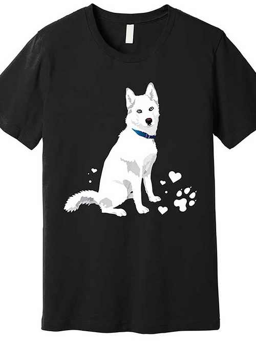 Men's Graphic T-Shirt Sitting White Dog With Blue Collar Surrounded By Paw Prints And Hearts Dog
