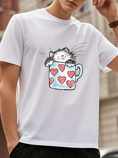 Men's Graphic T-Shirt Playful Kitten Peeking Out Of A Heart Decorated Ceramic Mug