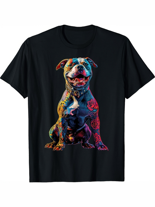 Men's Graphic T-Shirt Vivid Multicolored Abstract Brushstrokes Surrounding Smiling Sitting Dog