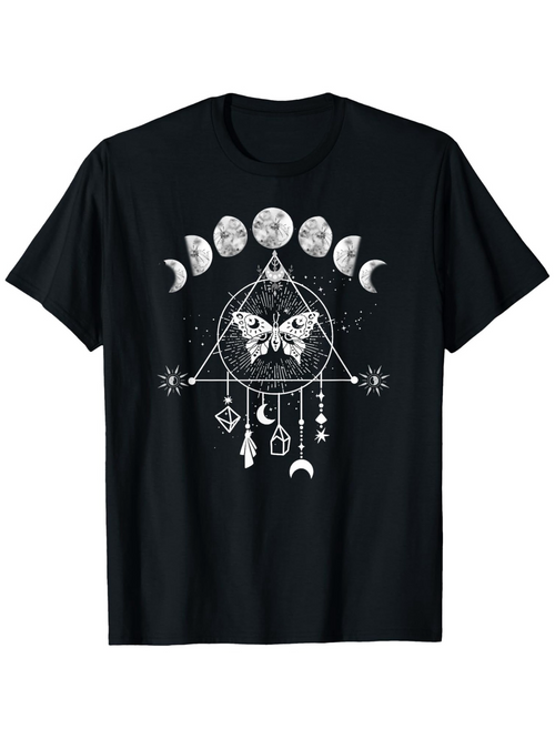 Men's Graphic T-Shirt Mystical Lunar Phases With Hanging Charms Around Geometric Dreamcatcher Butterfly