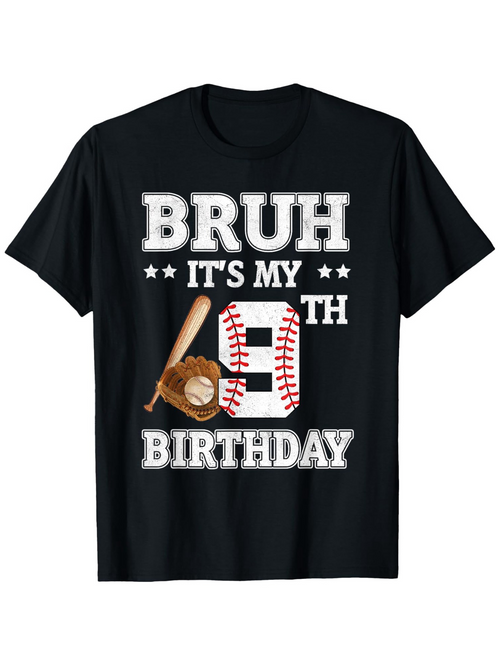 Men's Graphic T-Shirt Bruh Its My Ninth Birthday With Baseball Bat Glove Mitt And Ball