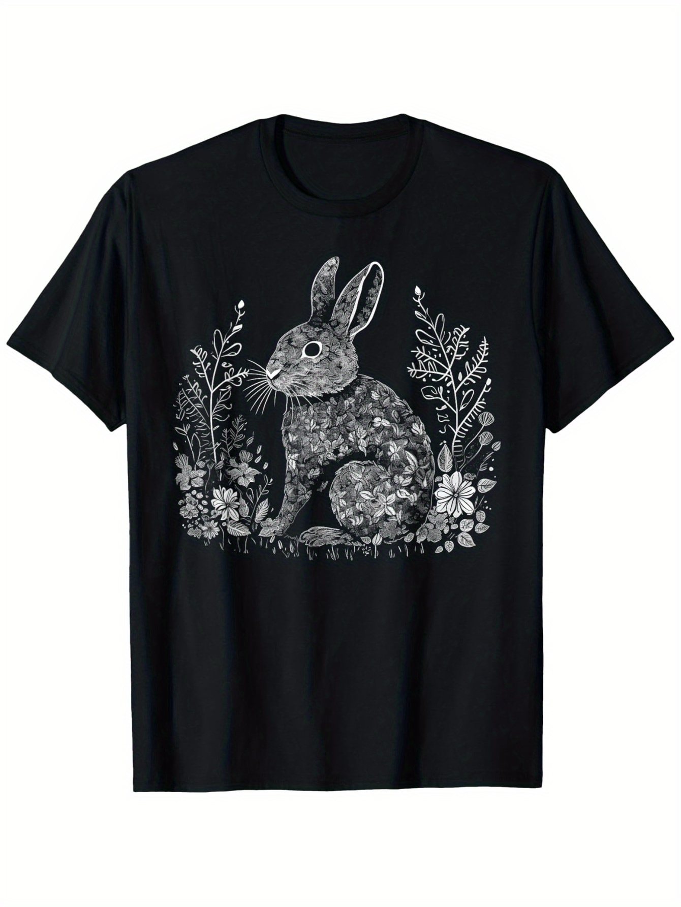 Men's Graphic T-Shirt Intricate Forest Flowers Surrounding Textured Gentle Rabbit