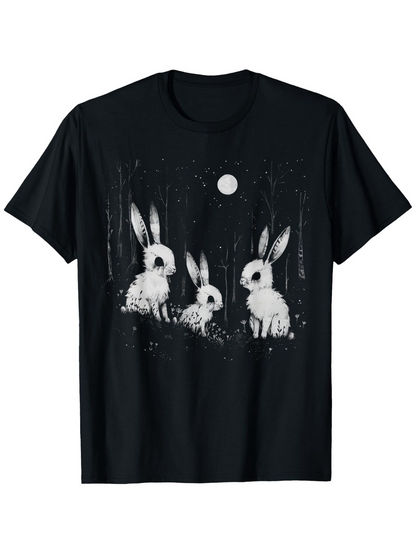 Men's Graphic T-Shirt Three White Rabbits Under The Full Moon In A Midnight Forest