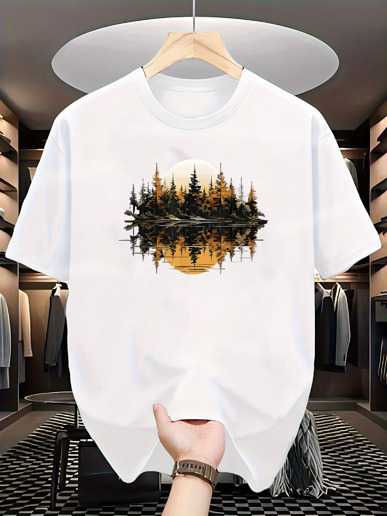 Men's Graphic T-Shirt Golden Sunset Reflections In Serene Forest With Tranquil Water Trees