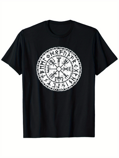 Men's Graphic T-Shirt Ancient Runes Circle With Nordic Symbols Surrounding Central Magical Compass