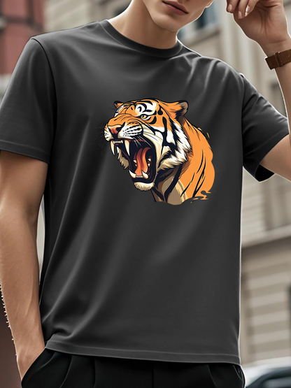 Men's Graphic T-Shirt Fierce Wild Orange Black Tiger Head Roaring Among Jungle Foliage Tiger