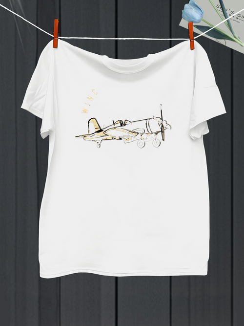 Men's Graphic T-Shirt Minimalist Line Sketch With Vintage Propeller Airplane Drawing