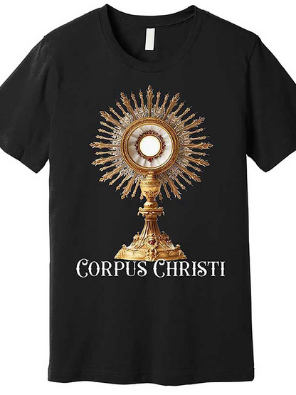Men's Graphic T-Shirt Corpus Christi With Ornate Golden Religious Motif Sacred Vessel