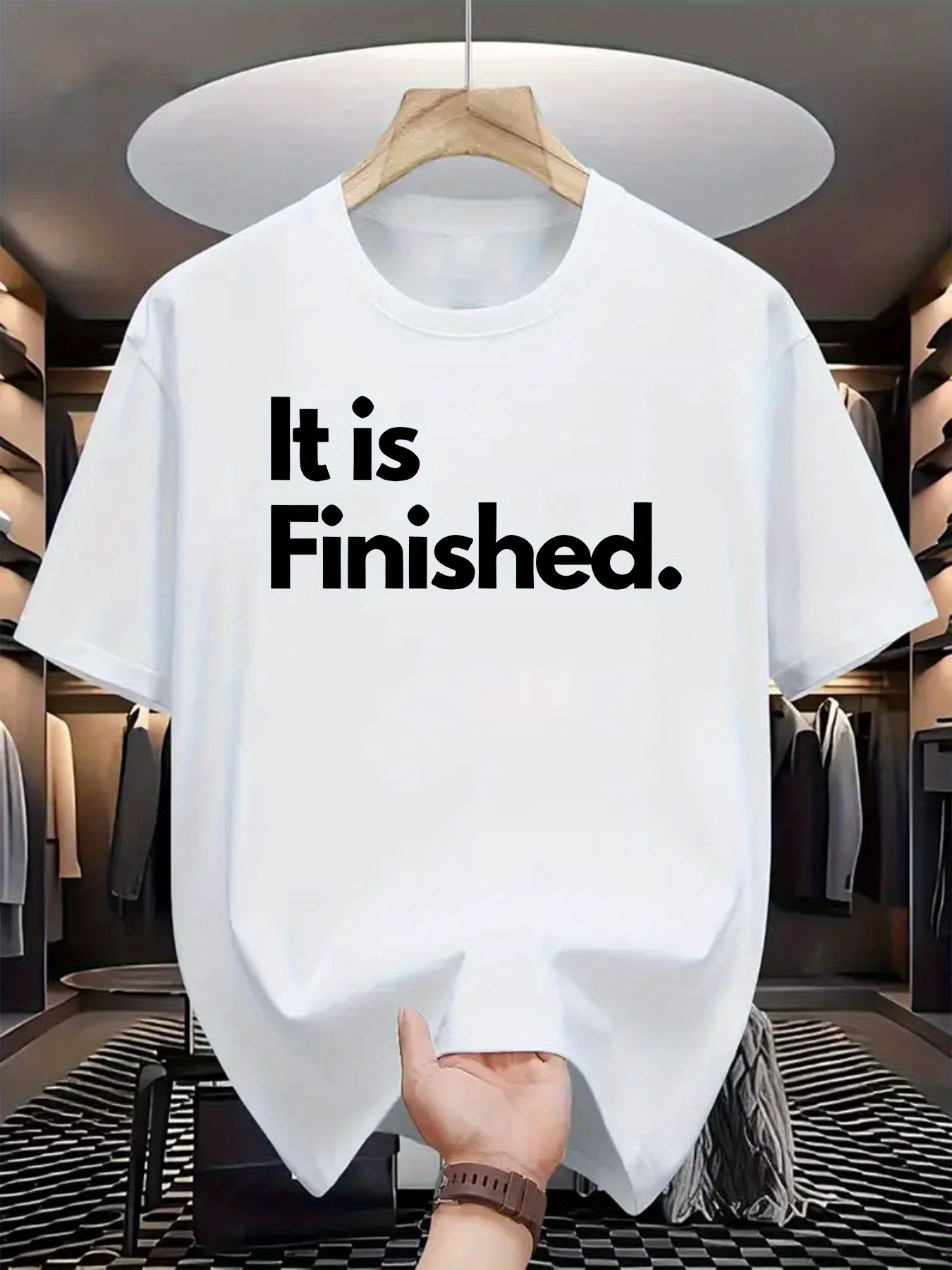 Men's Graphic T-Shirt It Is Finished Bold Black Letters Under Bright Lighting T Shirt