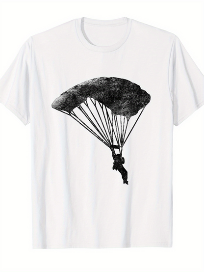 Men's Graphic T-Shirt Dramatic Black Ink Parachute Silhouette Suspended Above Falling Parachutist
