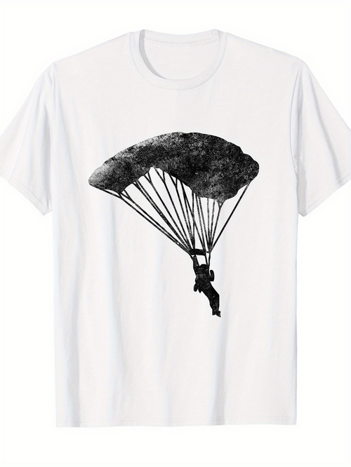 Men's Graphic T-Shirt Dramatic Black Ink Parachute Silhouette Suspended Above Falling Parachutist