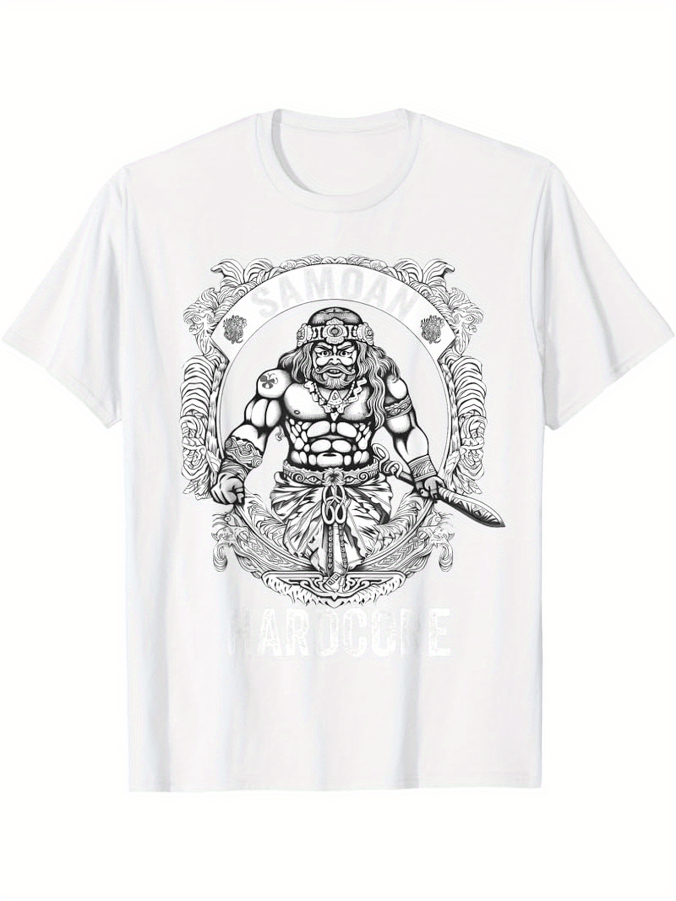 Men's Graphic T-Shirt Warrior Standing Boldly With Decorative Pattern Sword And Fierce Helmet