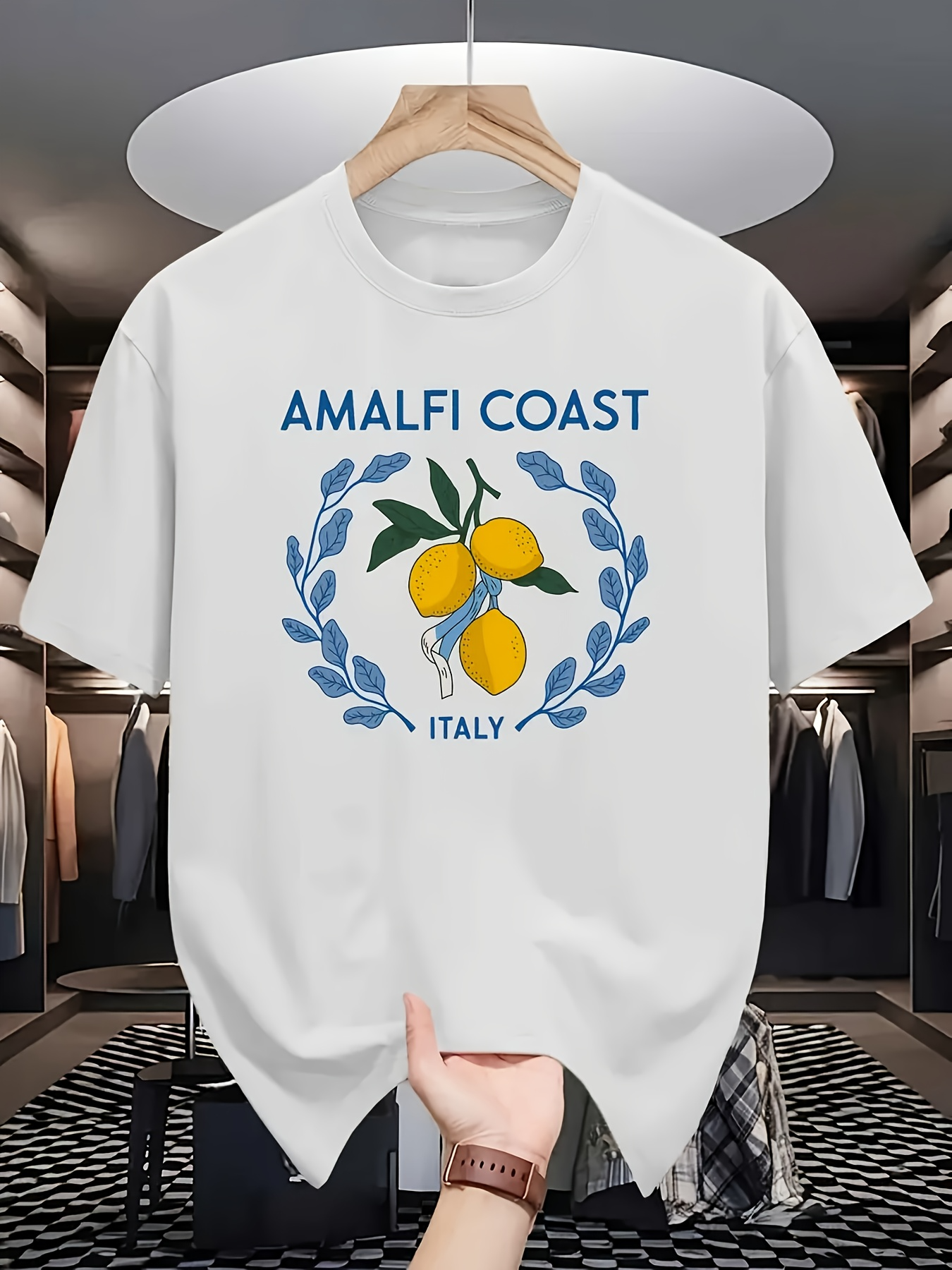 Men's Graphic T-Shirt Amalfi Coast Italy Vibrant Yellow Lemons Framed By Blue Laurel Wreath