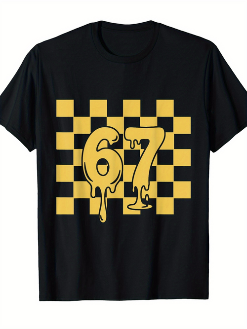 Men's Graphic T-Shirt Melting Number Sixty Seven On Checkerboard Pattern