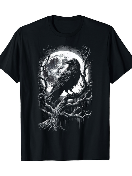 Men's Graphic T-Shirt Mystical Moonlight With Twisted Branches And Perched Raven Bird