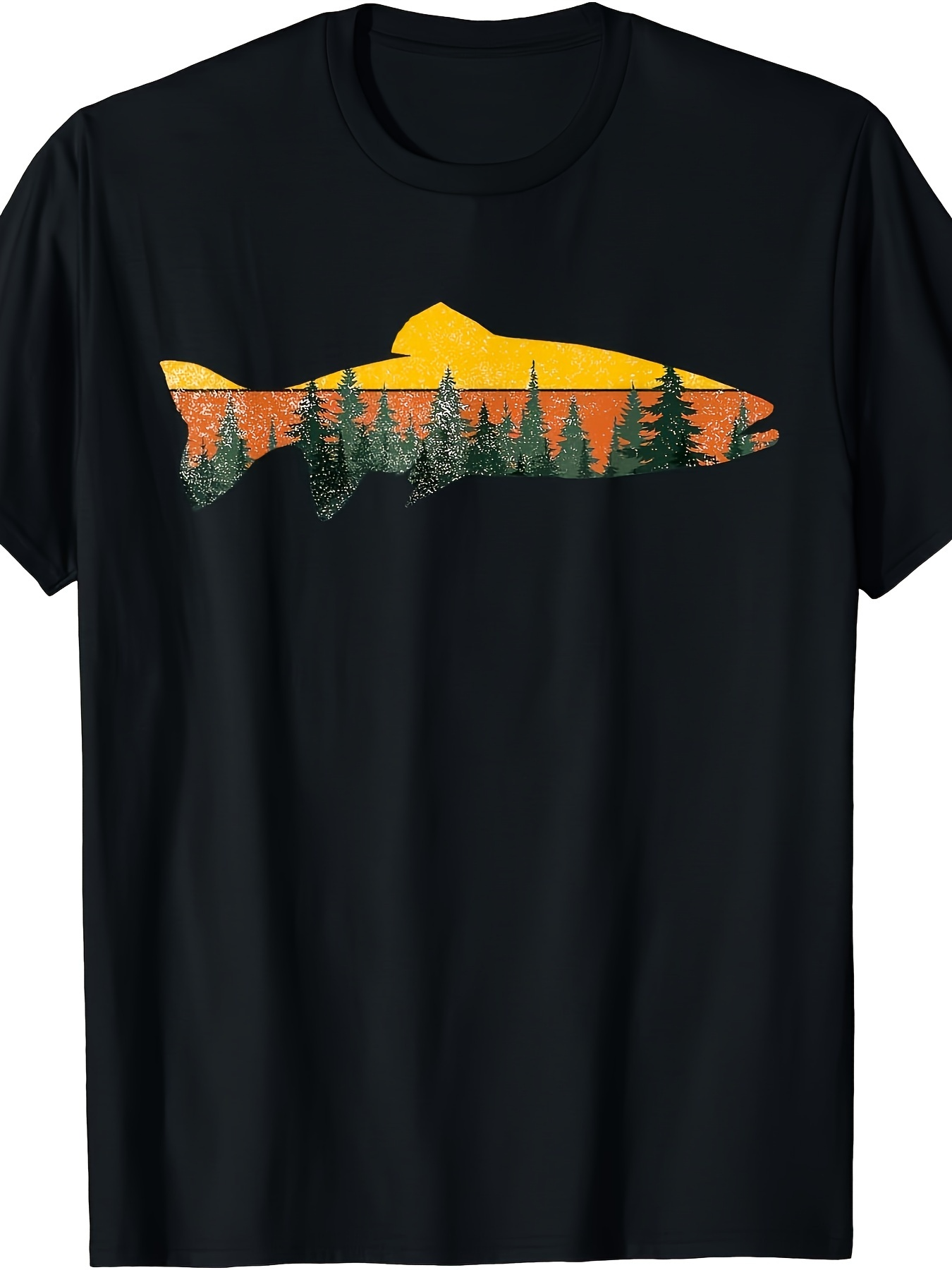 Men's Graphic T-Shirt Sunset Forest Silhouette Within A Wild Swimming Fish