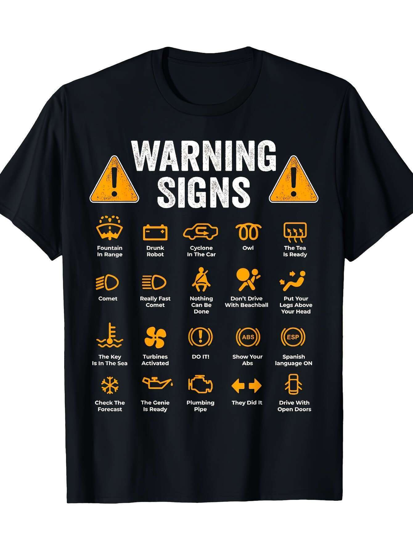 Men's Graphic T-Shirt Warning Signs With Funny Icons Text And Bold Yellow Triangle Symbols