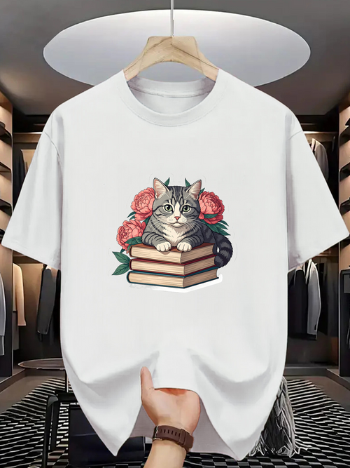 Men's Graphic T-Shirt Gentle Cat With Pink Blossoms Resting On Layered Classic Books
