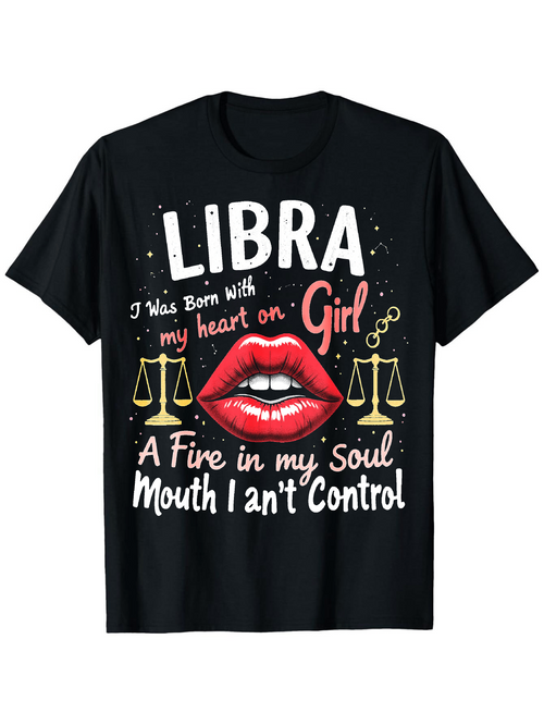 Men's Graphic T-Shirt Libra Girl With Fiery Red Lips Surrounded By Zodiac Scales